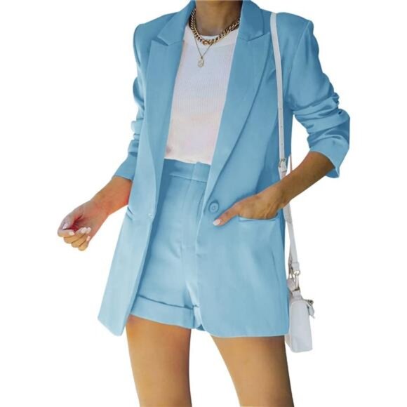 Women's Blazer Short Suit Set | Long Sleeve Open Front Jacket & Solid Pants - Picture 1 of 7